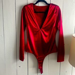 Red Long-Sleeve V-Neck Bodysuit